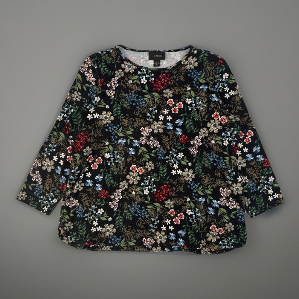 J Jill Wearever Floral Top XS Petite Black Stretch 3/4 Sleeve Casual